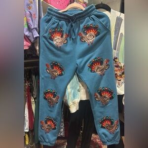 QUEEN OF SPARKLES Teal Turkey Embroidered XS Joggers